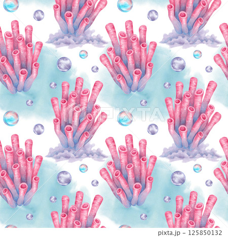 Seamless pattern of tube coral with water bubbles on blue spot. Watercolor illustrations. Ocean coral reefs, underwater animal of seabed. Hand drawn isolated art. Nautical design for fabric, textile. 125850132
