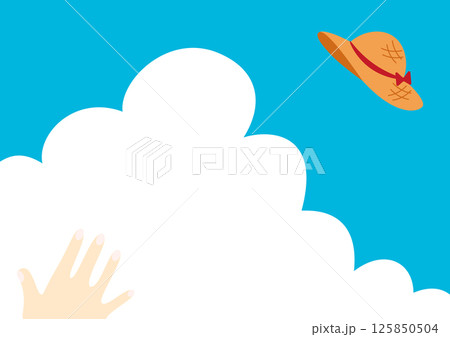 青空に飛ぶ麦わら帽子と手のイラスト 125850504
