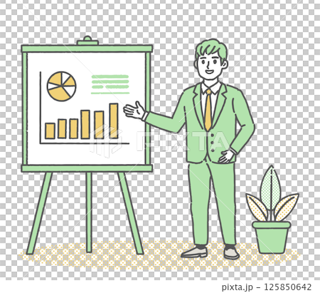 A businessman giving a presentation showing materials on a whiteboard 125850642