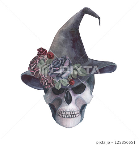 Scull gothic magical texture isolated on white background. Watercolor hand drawn esoterics sketch skull illustration. Art for design mystical halloween witch decoration, scary card 125850651