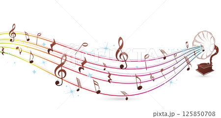 abstract music notes sound waves with gramophone isolated white backgrounds for flyer, banner, poster company, header website, covers, presentation slide, template with space for texts, business cards 125850708