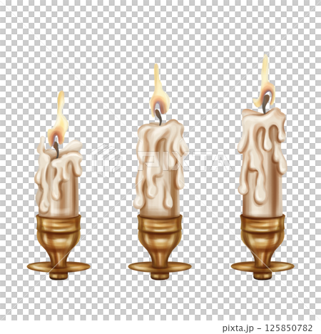 Golden metal candelabra with a long burning candle. Decoration in victorian gothic old victorian design. Research archive, Royal library. Handmade illustration on white background Golden metal candelabra with a long burning candle. Decoration in victorian gothic old victorian design. Research archive, Royal library. Handmade illustration on white background 125850782