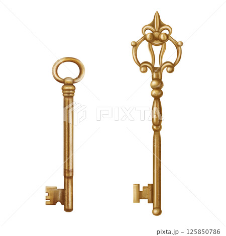 Gold metal antique shiny key for opening locks and doors. Romantic decoration in vintage style, gothic old design. Royal ornaments and jewelry. Handmade illustration on white background Gold metal antique shiny key for opening locks and doors. Romantic decoration in vintage style, gothic old design. Royal ornaments and jewelry. Handmade illustration on white background 125850786