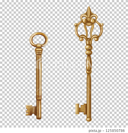 Gold metal antique shiny key for opening locks and doors. Romantic decoration in vintage style, gothic old design. Royal ornaments and jewelry. Handmade illustration on white background Gold metal antique shiny key for opening locks and doors. Romantic decoration in vintage style, gothic old design. Royal ornaments and jewelry. Handmade illustration on white background 125850786