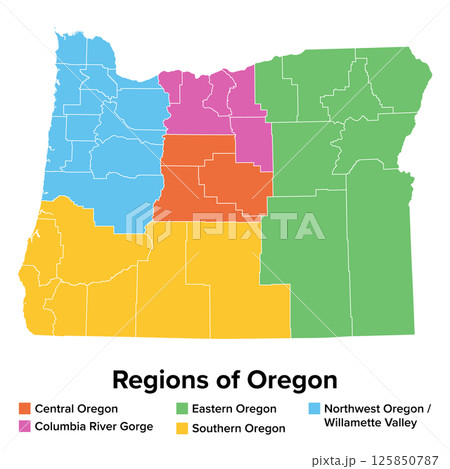 Main regions of Oregon, political map. State in the Pacific Northwest of USA, divided into the 5 regions Columbia River Gorge, Central, Eastern, Southern, and Northwest Oregon with Willamette Valley. Main regions of Oregon, political map. State in the Pacific Northwest of USA, divided into the 5 regions Columbia River Gorge, Central, Eastern, Southern, and Northwest Oregon with Willamette Valley. 125850787