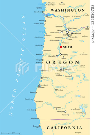 Oregon coast, political map. Coastal region of U.S. state of Oregon, bordered by Pacific Ocean to the west and Oregon Coast Range to the east, stretching from Columbia River to the California border. Oregon coast, political map. Coastal region of U.S. state of Oregon, bordered by Pacific Ocean to the west and Oregon Coast Range to the east, stretching from Columbia River to the California border. 125850788