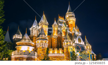 roof of fantastic beautiful medieval castle at VinWonders Amusement Park in Vinpearl island in Nha Trang, Vietnam at night roof of fantastic beautiful medieval castle at VinWonders Amusement Park in Vinpearl island in Nha Trang, Vietnam at night 125850835