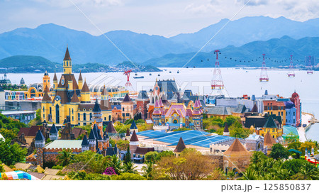 panoramic view of Vinpearl Island or VinWonders Amusement Park with castles and cableway cable car in Nha Trang, Vietnam aerial view 125850837