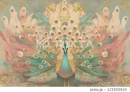 幸運をもたらすイラスト。美しく羽を広げた孔雀の正面イラスト。鮮やかな装飾が印象的な鳥のアート作品 125850910