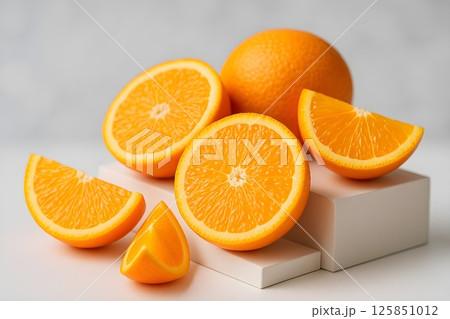 Bright and juicy sliced oranges arranged on a white square podium against a light gray background Bright and juicy sliced oranges arranged on a white square podium against a light gray background 125851012