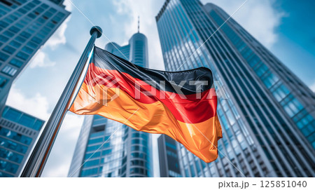 Germany national flag and government building with skyscrapers. Germany national flag and government building with skyscrapers. 125851040