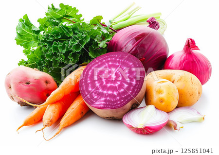 Borscht vegetables , red beet, cabbage, potato, carrot and onion isolated on white background. Borscht vegetables , red beet, cabbage, potato, carrot and onion isolated on white background. 125851041