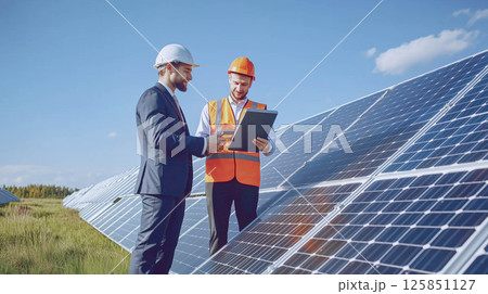 Businessman and worker near solar energy batteries planning project. 125851127