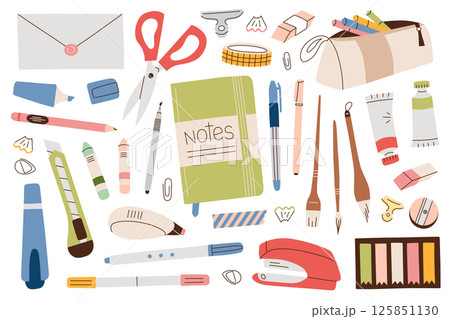 Vector illustrations set with school and office supplies. Stationery collection with pens, pencils, notebook, flat cartoon icons for studying, writing, organizing daily tasks and creative work 125851130