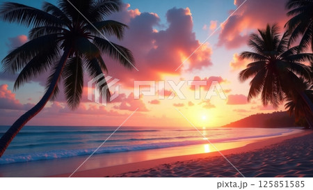 tropical beach at sunset with palm trees silhouetted against a vibrant colorful sky 125851585