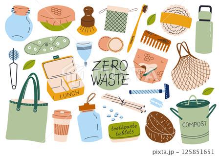 Flat cartoon vector illustration on zero waste lifestyle. Composition with handwritten lettering and reusable everyday items. Wooden and glass alternatives to plastic, storage bags, eco containers 125851651