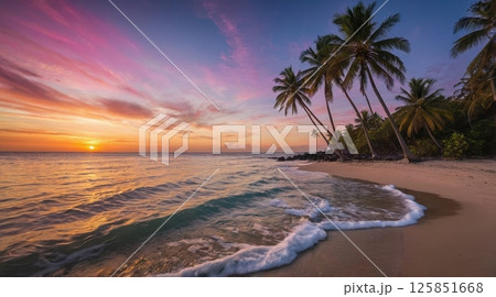 tropical beach at sunset with palm trees silhouetted against a vibrant colorful sky tropical beach at sunset with palm trees silhouetted against a vibrant colorful sky 125851668