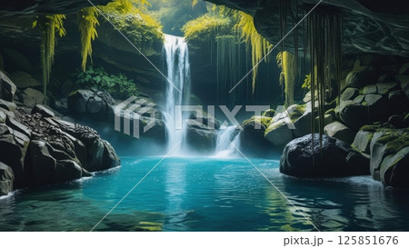 hidden waterfall deep inside a lush jungle cave 125851676