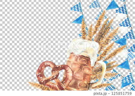 Mug of Beer with pretzel and malt ears, spike against of blue rhombus Bavarian flags elements on the rope, triangular pennant Oktoberfest garland. Watercolor hand drawn banner. Isolated illustration 125851759