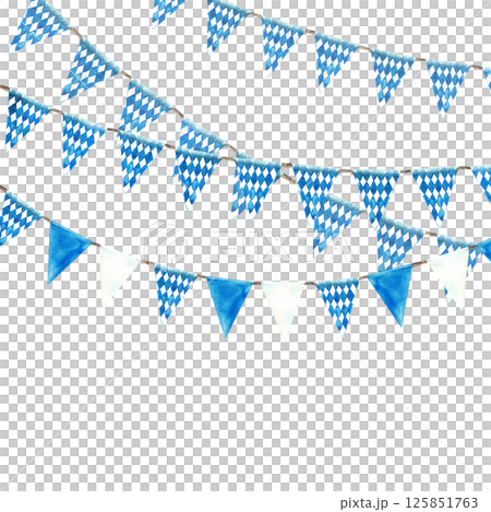 Garland with blue, rhombus and white flags hanging on rope rectangular banner. Triangular pennant decoration on Oktoberfest Germany beer festival. Watercolor hand drawn template isolated illustration 125851763