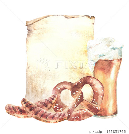 Glass of Beer with pretzel and Bavarian grill sausage against unrolled sheet of paper, menu. Foamy drinks and Germany Oktoberfest traditional bretzel food. Watercolor hand drawn isolated illustration 125851766