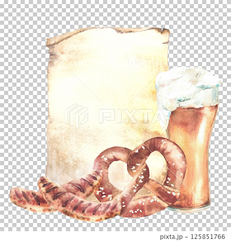 Glass of Beer with pretzel and Bavarian grill sausage against unrolled sheet of paper, menu. Foamy drinks and Germany Oktoberfest traditional bretzel food. Watercolor hand drawn isolated illustration 125851766