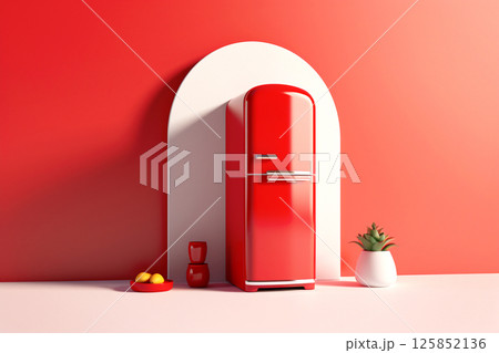 Stylish red retro refrigerator displayed on a white podium for a modern advertising concept. Red vintage-style refrigerator with a glossy finish, showcased on a sleek white podium 125852136