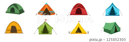 Collection of different camping tent vector icons. 125852303