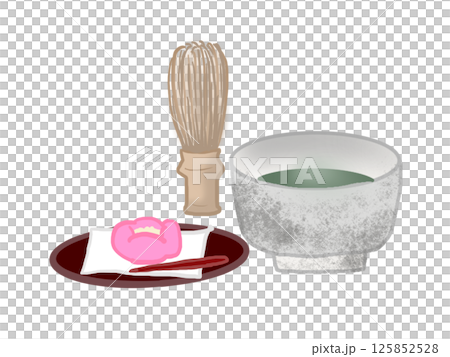 抹茶と茶筅と茶菓子のイラスト 抹茶と茶筅と茶菓子のイラスト 125852528