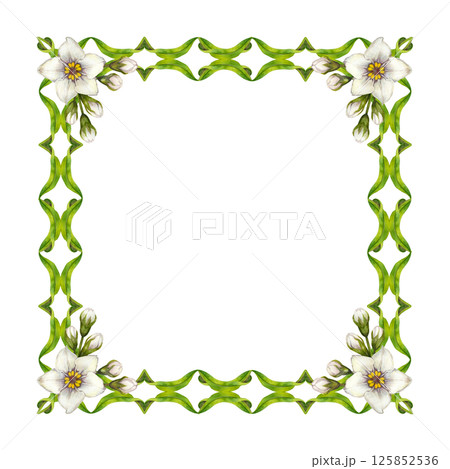 Watercolor floral frame with green vine, leaves, white flowers. Square frame template. Elegant and natural style, perfect for wedding invitations, greeting cards, quotes, or eco-friendly branding Watercolor floral frame with green vine, leaves, white flowers. Square frame template. Elegant and natural style, perfect for wedding invitations, greeting cards, quotes, or eco-friendly branding 125852536