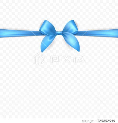 Vector 3d Realistic Blue Silk or Satin Gift Ribbon and Bow for Greeting Cards, Gifts, Gift Certificate, Isolated. Bow Design Template, Concept for Birthday, Christmas Presents, Gifts, Invitation, Box 125852549