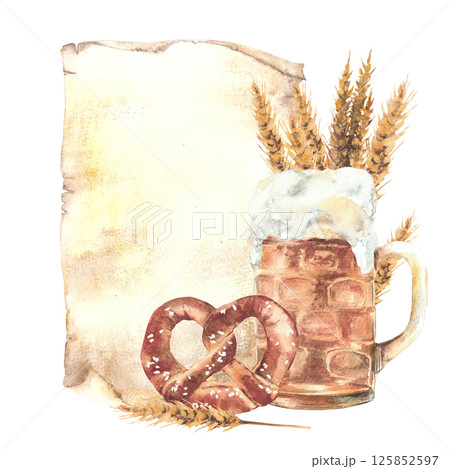 Mug of Beer with pretzel and spike malt against a piece of paper, menu. Pint of drinks and Germany bretzel. Watercolor hand drawn isolated illustration. Traditional Bavarian food, drink at Oktoberfest Mug of Beer with pretzel and spike malt against a piece of paper, menu. Pint of drinks and Germany bretzel. Watercolor hand drawn isolated illustration. Traditional Bavarian food, drink at Oktoberfest 125852597