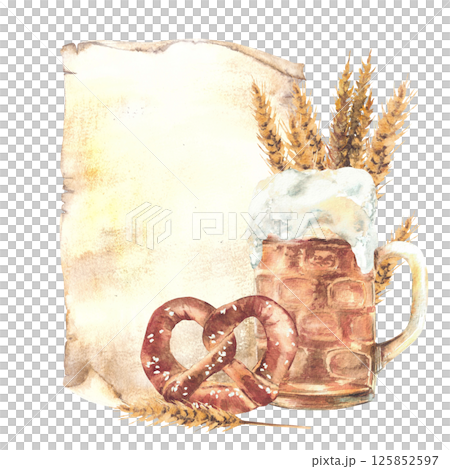 Mug of Beer with pretzel and spike malt against a piece of paper, menu. Pint of drinks and Germany bretzel. Watercolor hand drawn isolated illustration. Traditional Bavarian food, drink at Oktoberfest Mug of Beer with pretzel and spike malt against a piece of paper, menu. Pint of drinks and Germany bretzel. Watercolor hand drawn isolated illustration. Traditional Bavarian food, drink at Oktoberfest 125852597