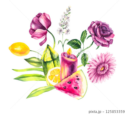 Watercolor illustration colored magical with fruits and crystals Watercolor illustration colored magical with fruits and crystals 125853359