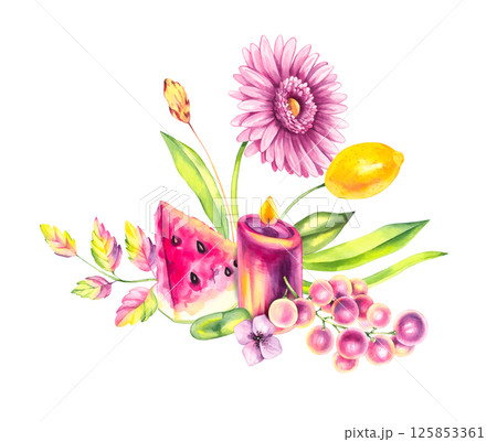 Watercolor illustration colored magical with fruits and crystals 125853361