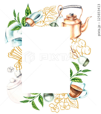 Hand painted gold tea set with herbs 125853413
