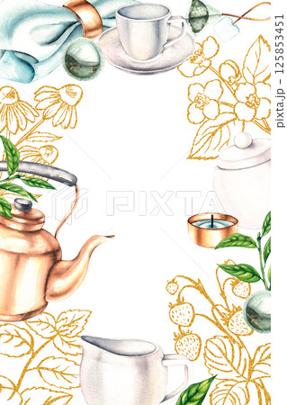 Hand painted gold tea set with herbs 125853451