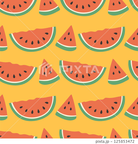 Watermelon summer pattern on yellow background. Simple seamless pattern with watermelon slices. Vector design for greeting card and invitation of seasonal summer holiday 125853472