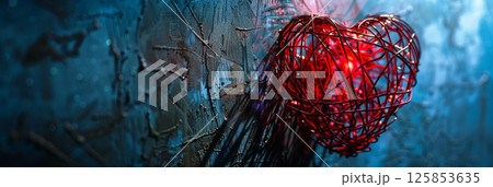 Romantic Red Wire Heart on Textured Blue Background, Modern Art for Valentine's Day Decor 125853635