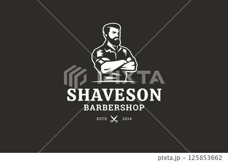Modern Gentlemans Barbershop Logo with Bearded Man, Retro Style, and Vintage Emblem Design 125853662