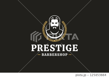 Elegant vintage barber shop logo with laurel wreath and barber portrait emblem for grooming services 125853664