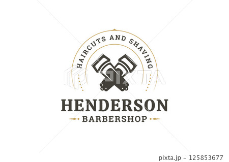 Barber Shop Logo Design with Vintage Scissors and Comb Elements for Grooming Services Barber Shop Logo Design with Vintage Scissors and Comb Elements for Grooming Services 125853677