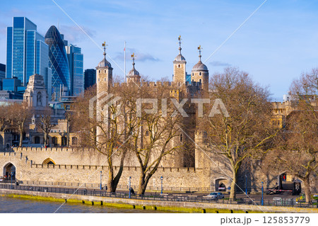 Visitors admire the Tower of London, a historic fortress on the River Thames, surrounded by modern skyscrapers in central London. The landmark showcases its iconic architecture and rich history. 125853779
