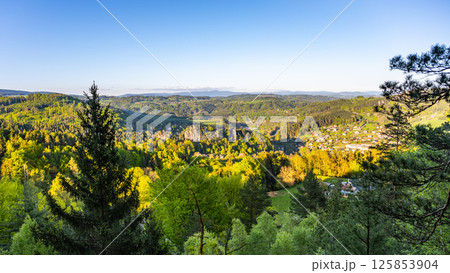 Enjoy breathtaking sights from Pantheon Lookout in Bohemian Paradise, with lush greenery and Krkonose Mountains creating a stunning backdrop at sunset. 125853904