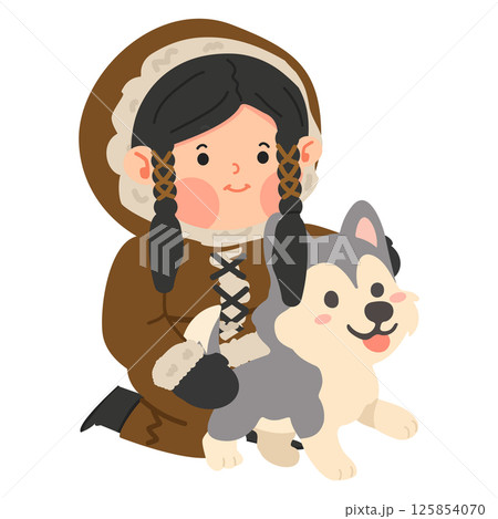 Cartoon Child with Dog in Winter Attire 125854070