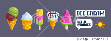 Pixel ice cream icons set isolated on background Pixel ice cream icons set isolated on background 125854123