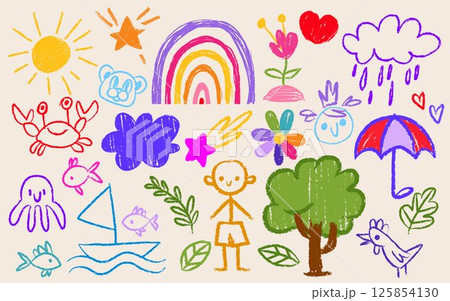 Kids hand drawn crayon images set on white 125854130