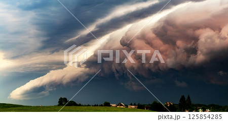 Shelf storm clouds with intense tropic rain over village Shelf storm clouds with intense tropic rain over village 125854285
