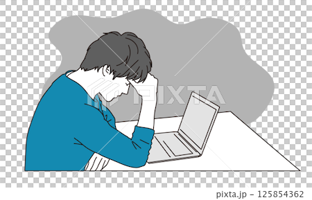 ノートパソコンの前で悩む男性のシンプルイラスト ノートパソコンの前で悩む男性のシンプルイラスト 125854362