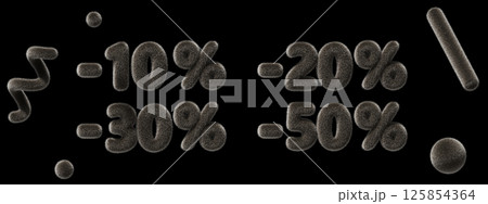 Fur fluffy discount numbers minus 10, 20, 30, 50 percent price for black friday sale banner. Puffy balloon digits, abstract geometric shapes spiral line ball with hairy texture render. 3D illustration 125854364
